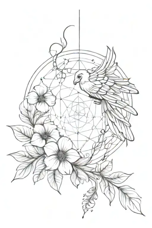 dream catcher entangled in a beautiful phoenix tail, an Egyptian Eye of Horus and hibiscus flowers. tattoo design idea