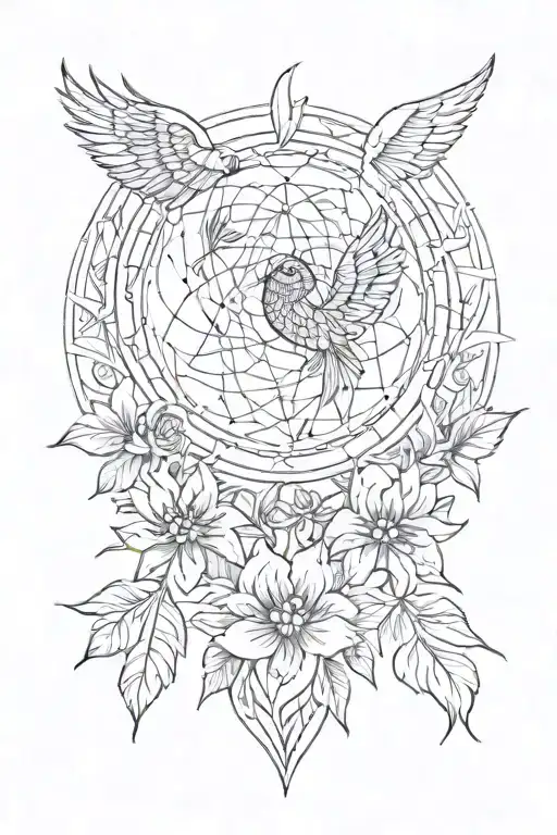 dream catcher entangled in a beautiful rising phoenix, an Egyptian Eye of Horus with hibiscus flowers. tattoo design idea