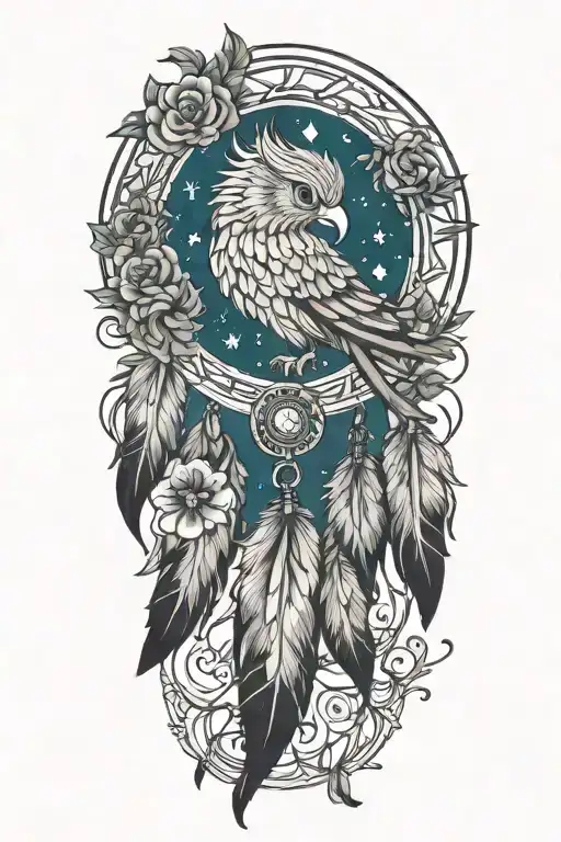dream catcher phoenix flowers intertwined infinity symbols tattoo design idea