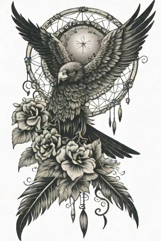 dream catcher entangled in a beautiful rising phoenix, an Egyptian Eye of Horus and hibiscus flowers. tattoo design idea