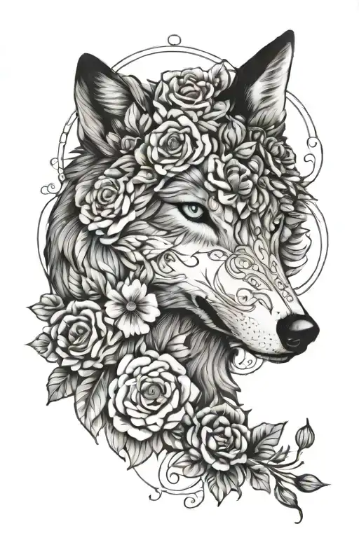 feminine wolf blended by roses and mayflowers tattoo design idea