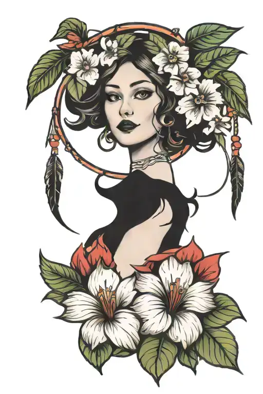 Phoenix dream catcher feminine hibiscus  tattoo design idea