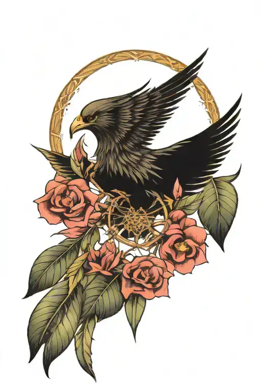 small phoenix covering barely seen floral feathery dream catcher embedded with many hibiscus and eye of Horus  tattoo design idea