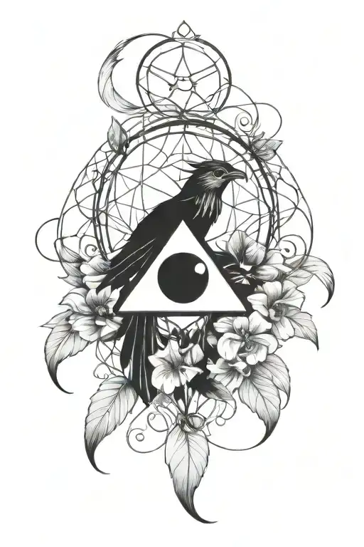 small phoenix intertwined with dream catcher, hibiscus flowers, eye of Horus  tattoo design idea