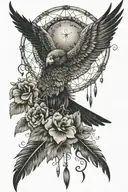 dream catcher entangled in a beautiful rising phoenix, an Egyptian Eye of Horus and hibiscus flowers. tattoo design idea