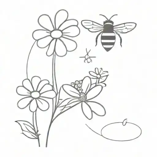 line drawing bee and single  daisy tattoo design idea