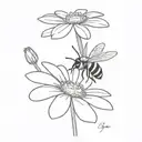 line drawing bee and single  daisy tattoo design idea