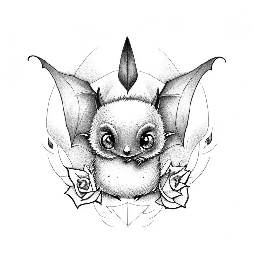 cute bat with roses tattoo design idea