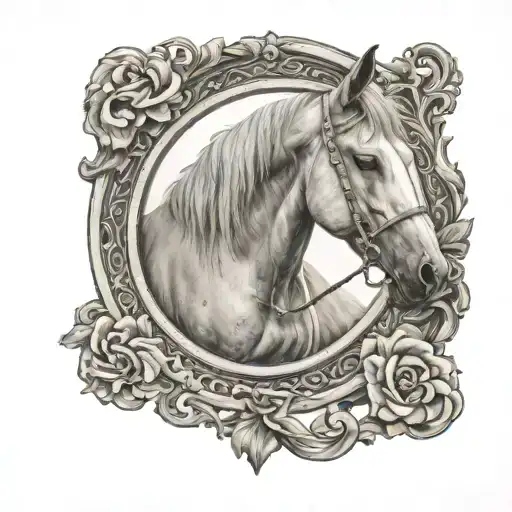 flea bitten gray Arabian horse looking off into the distance in a oval picture frame that is surrounded by tattoo design idea