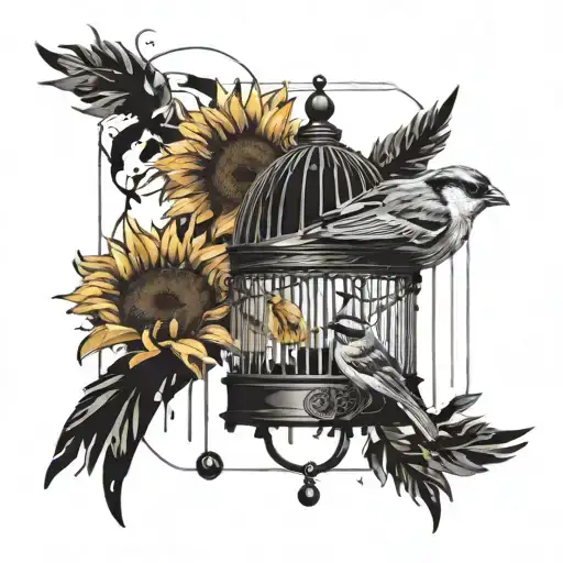 A birdcage open with a sparrow flying away with a sunflower in its beak towards the sun. tattoo design idea