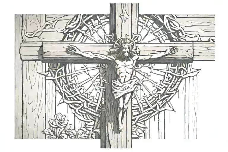 wooden cross with jesus on it where the crown of thorns and a angel on each side praying towards the cross tattoo design idea