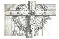 wooden cross with jesus on it where the crown of thorns and a angel on each side praying towards the cross tattoo design idea