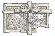 wooden cross with jesus on it where the crown of thorns and a angel on each side praying towards the cross tattoo design idea