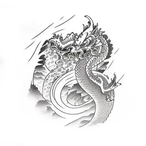 a waterfall in a mountain with koi fish going up the river and a dragon a top tattoo design idea