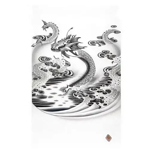 a waterfall with koi fishes going up the river and a dragon at ghe top tattoo design idea