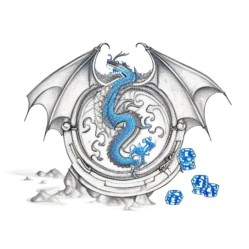 An epic fantasy scene with a dragon guarding a treasure chest filled with poker chips tattoo design idea