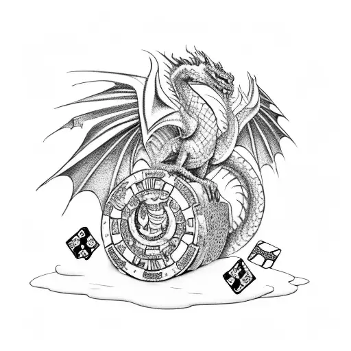 An epic fantasy scene with a dragon guarding a treasure chest filled with poker chips tattoo design idea