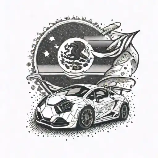 A dotwork design of a Mexican flag with a soccer ball and a JDM car incorporated tattoo design idea