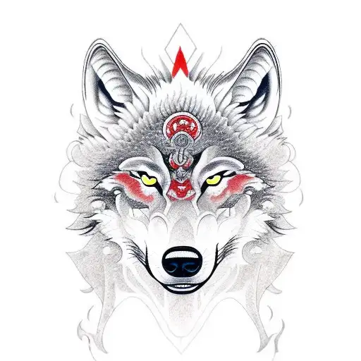 the head of a wolf with a half oni mask tattoo design idea