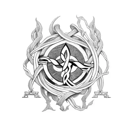 Design a black-grey tattoo featuring symbols from Black Clover anime intertwined with gym equipment tattoo design idea
