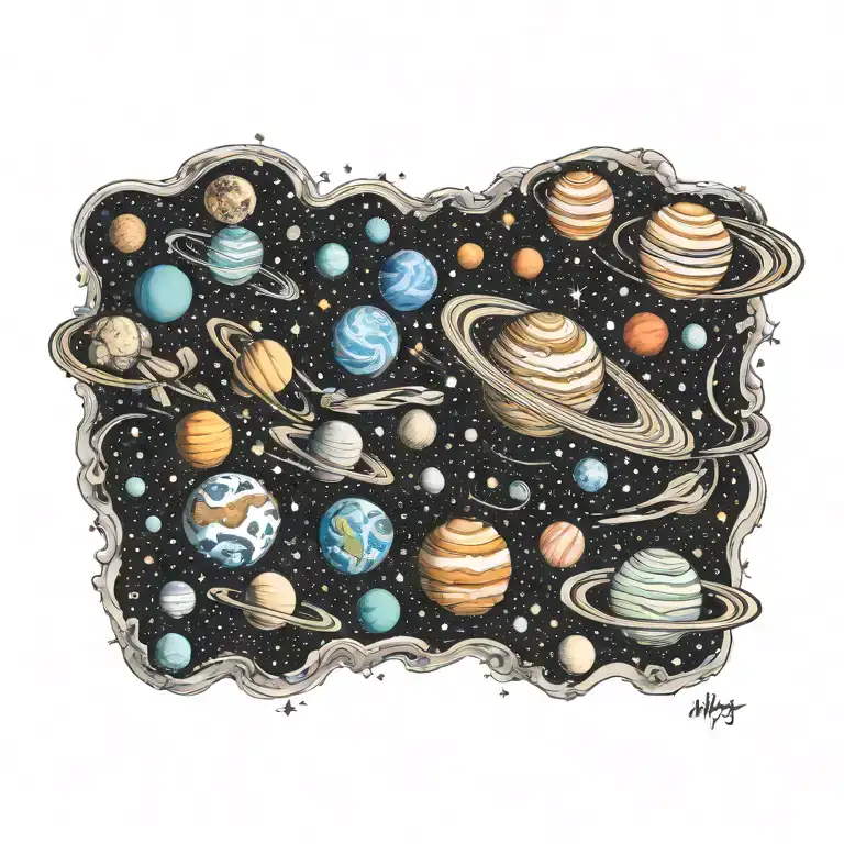 milky way galaxy with planets and stars tattoo design idea