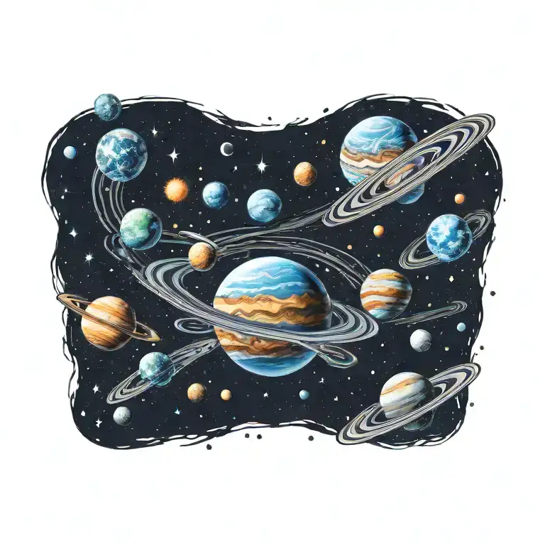 milky way galaxy with planets and stars tattoo design idea