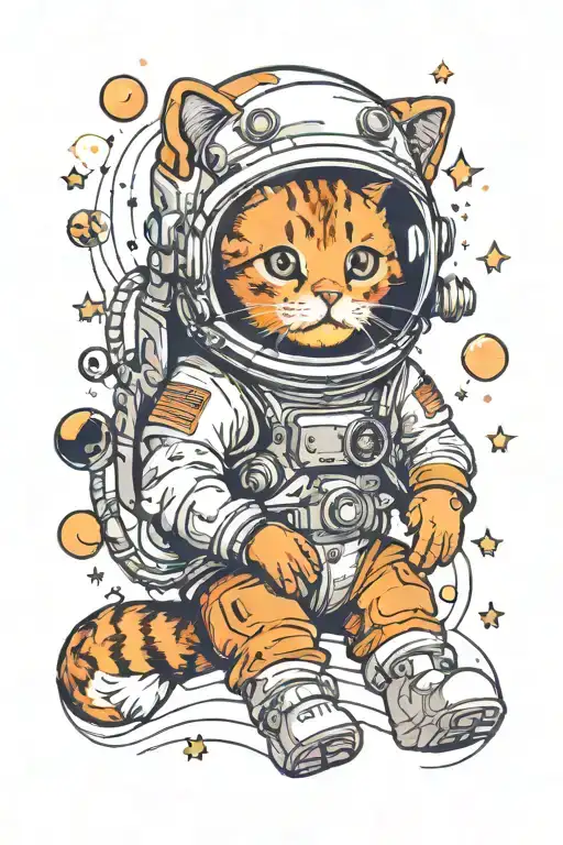 A new-school design of a cat wearing astronaut gear floating in space surrounded by planets and stars tattoo design idea