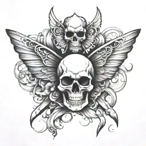 A skull with butterfly wings and a sword piercing through it tattoo design idea