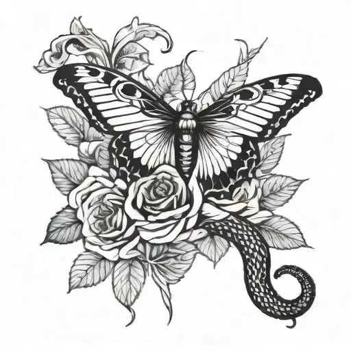 A snake and butterfly intertwined in a gothic rose garden tattoo design idea