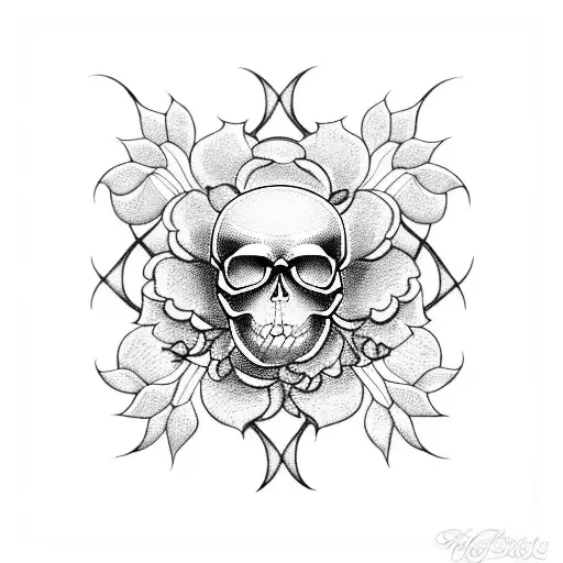 A blackwork tattoo depicting a skull intertwined with delicate flower vines tattoo design idea