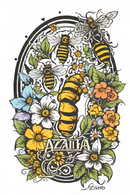 hand and footprints with bees and flowers around, the name "Azalia" in the center  tattoo design idea