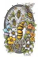 hand and footprints with bees and flowers around, the name "Azalia" in the center  tattoo design idea