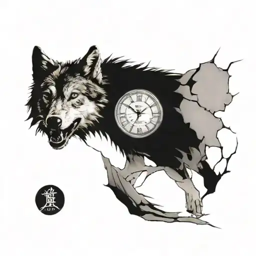 A fierce wolf emerging from a cracked clock, howling as the clock hands point to midnight. Fragments of the clock fly ou tattoo design idea