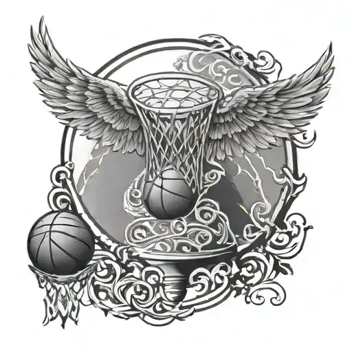 An intricate design of a basketball hoop with angel wings, representing the love for the game and spirituality tattoo design idea