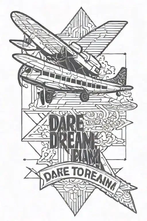 thin line tattoo of airplane with text "dare to dream" tattoo design idea