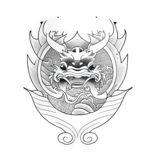 koi fish and Oni mask thick line work with no shading and waves  or water surrounding them - upper half sleeve tattoo tattoo design idea