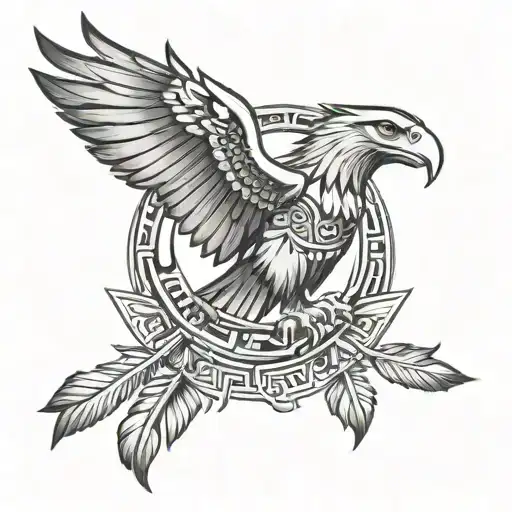 Black and grey Aztec eagle tattoo with detailed feathers and spread wings tattoo design idea
