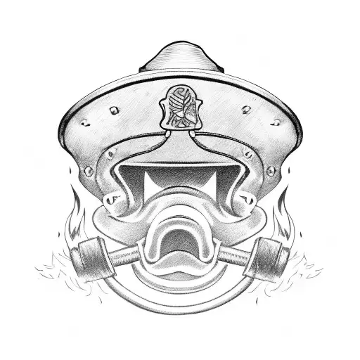 A fireman's helmet with a sword running through it, surrounded by flames tattoo design idea