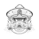 A fireman's helmet with a sword running through it, surrounded by flames tattoo design idea