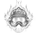 A fireman's helmet with a sword running through it, surrounded by flames tattoo design idea