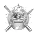 A fireman's helmet with a sword running through it, surrounded by flames tattoo design idea