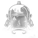 A fireman's helmet with a sword running through it, surrounded by flames tattoo design idea