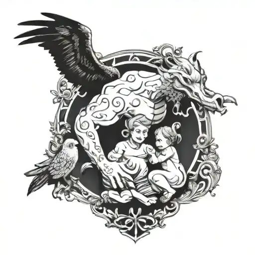 Illustrate a symbolic tattoo of a father protecting his children from harm, using a mix of blackwork and dotwork techniques tattoo design idea