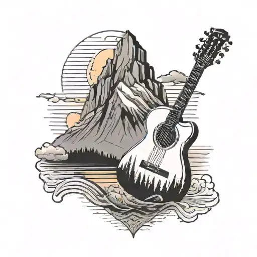 A guitar with mountain peaks as the strings, with a sunset sky in the background tattoo design idea
