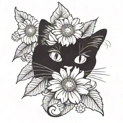 black cat with daisy flower tattoo design idea