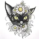 black cat with daisy flower tattoo design idea