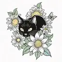 black cat with daisy flower tattoo design idea