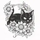 black cat with daisy flower tattoo design idea