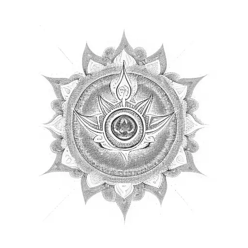 Combine elements of trishul, gadha, chakra, om, swastic, and lotus into a cohesive and intricate design tattoo design idea