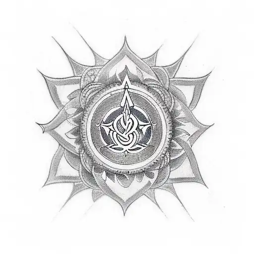 Combine elements of trishul, gadha, chakra, om, swastic, and lotus into a cohesive and intricate design tattoo design idea